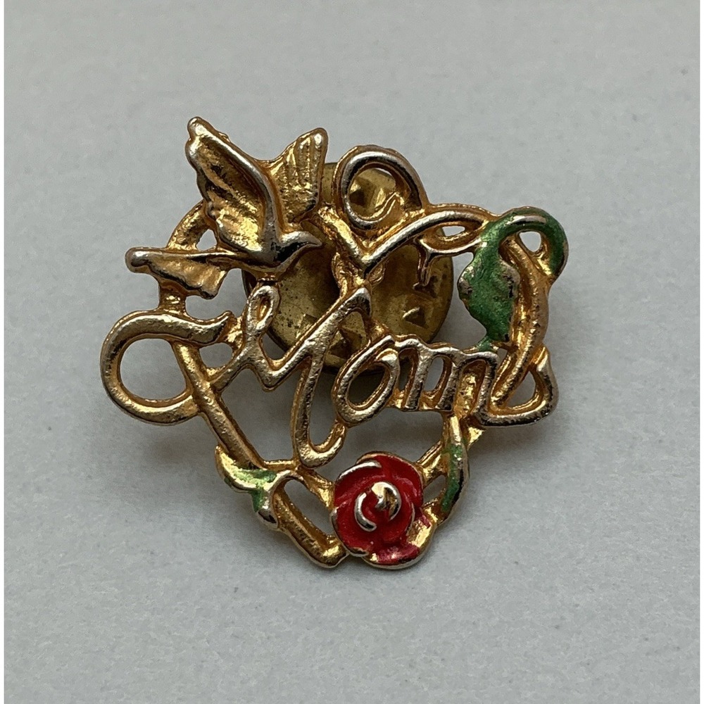 Vintage Love Mom Pin, Heart, Dove, Floral Accents.